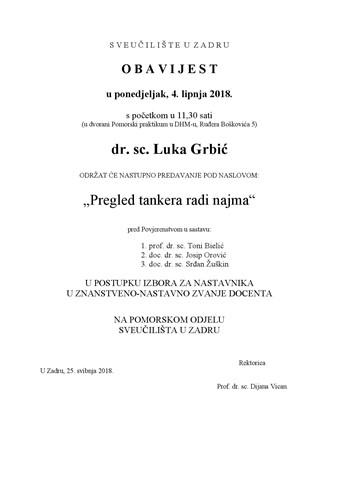 Nastupno predavanje - dr. sc. Luka Grbić